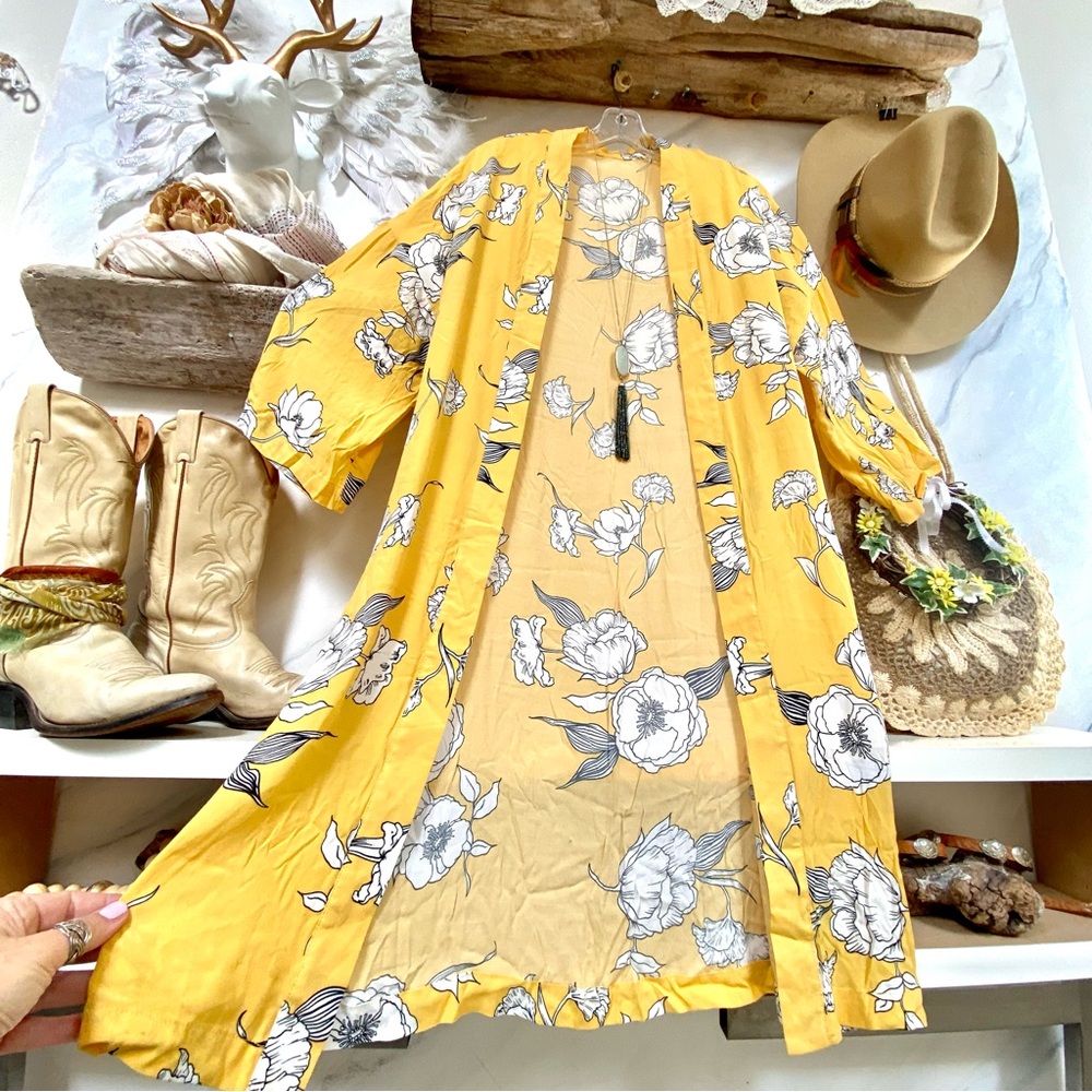 Yellow Floral Open-Front Kimono Cardigan Duster XL - Picture 2 of 9